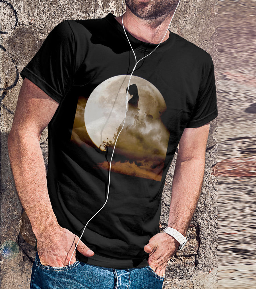 The Enigmatic Silhouette Against The Full Moon Clouded Night T-Shirt