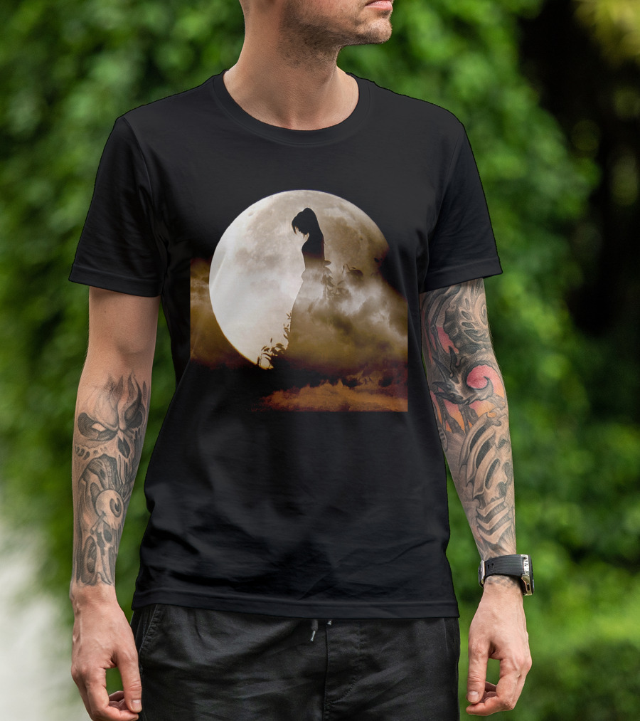 The Enigmatic Silhouette Against The Full Moon Clouded Night T-Shirt