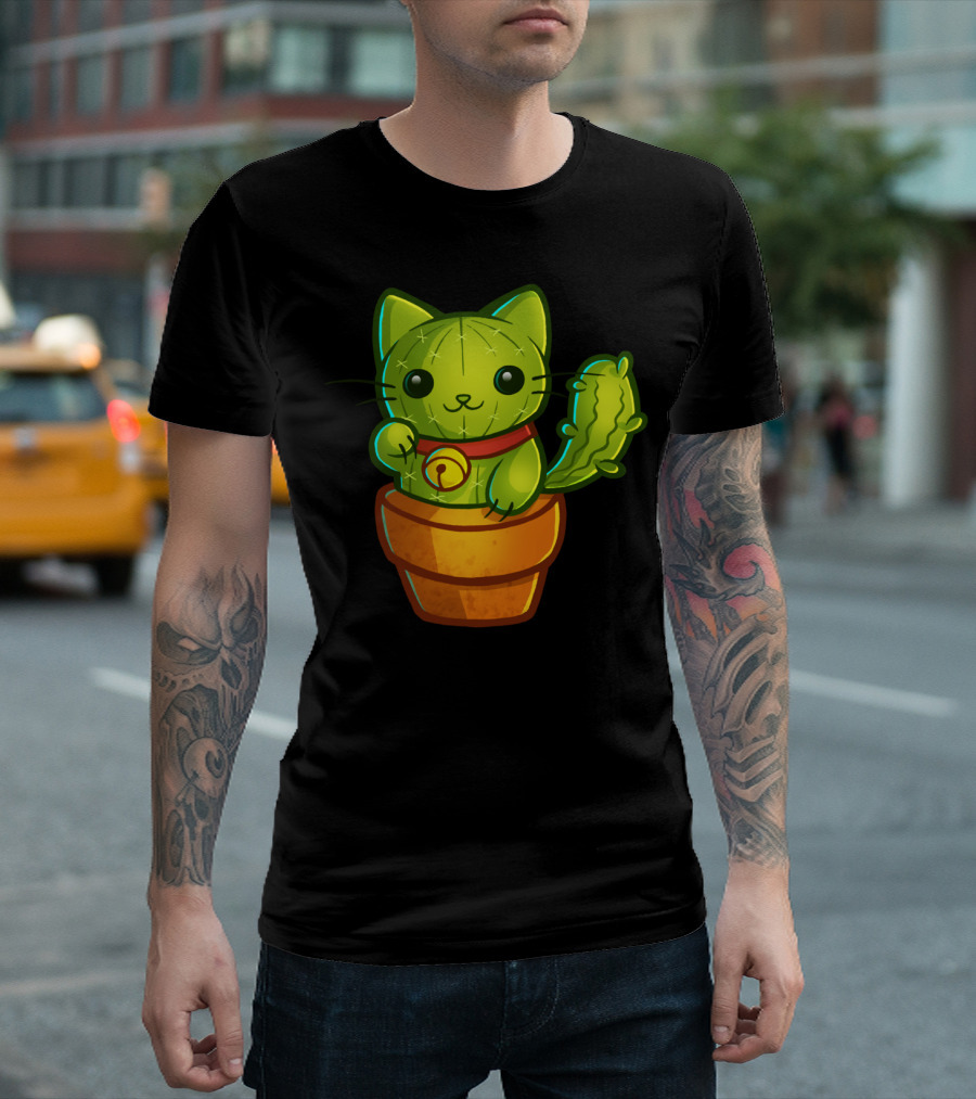 Cat Cactus Lucky Charm Fusion in Pot T-Shirt