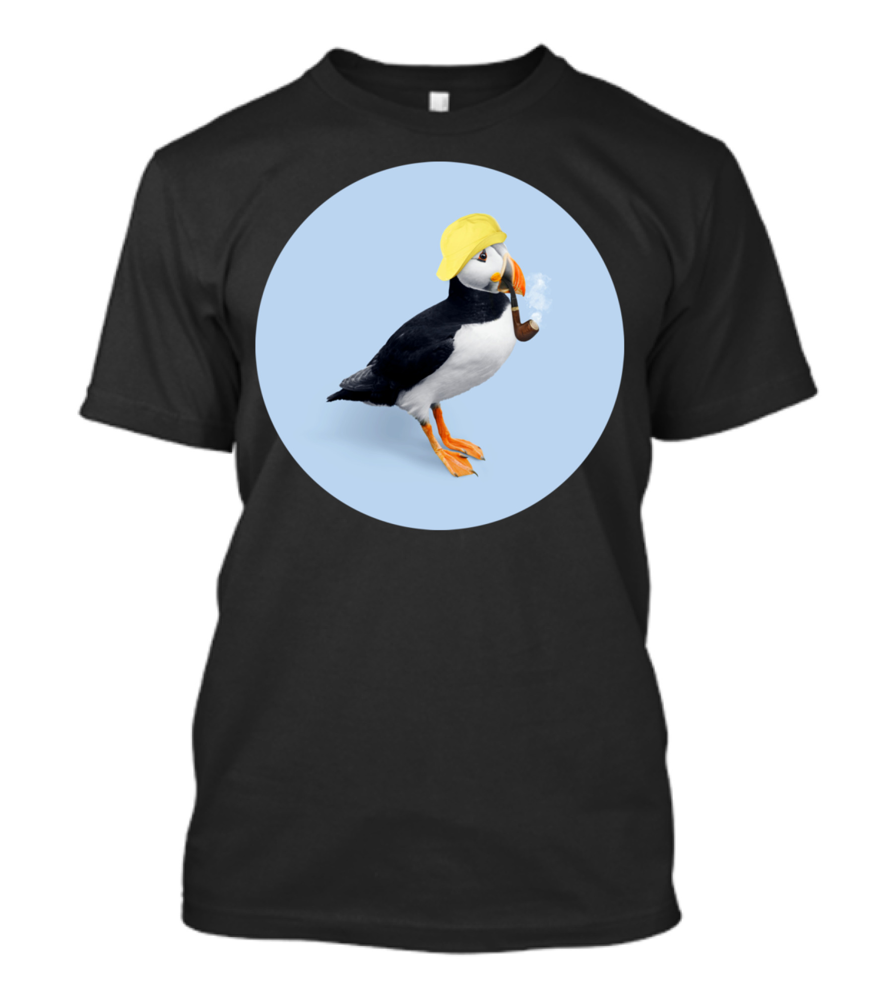 PUFFIN Smoking Pipe Wearing Yellow Fisherman Hat T-Shirt