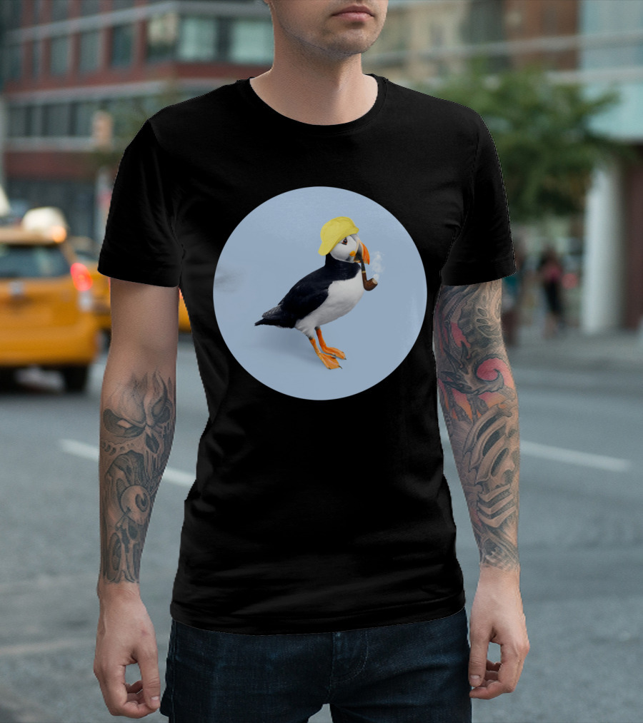PUFFIN Smoking Pipe Wearing Yellow Fisherman Hat T-Shirt