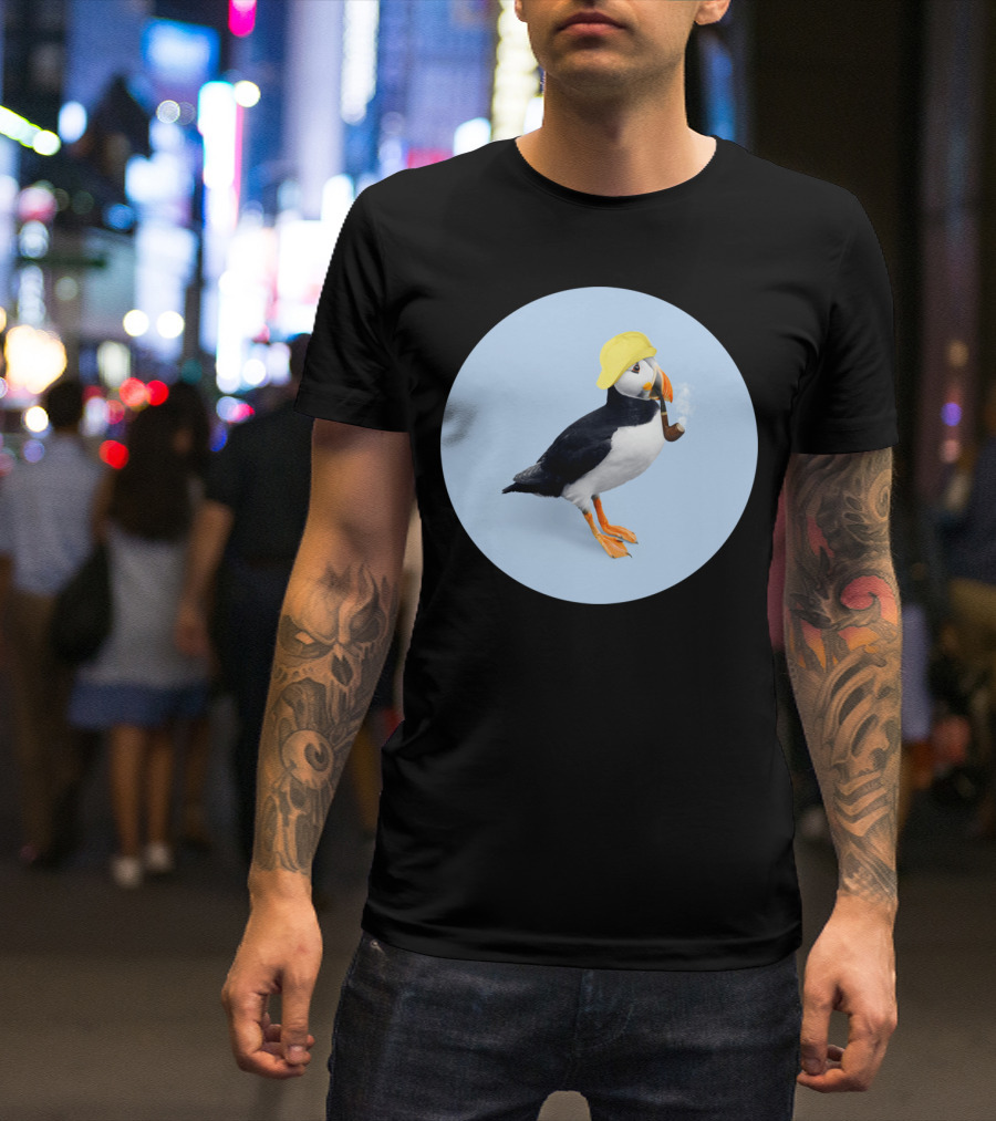 PUFFIN Smoking Pipe Wearing Yellow Fisherman Hat T-Shirt