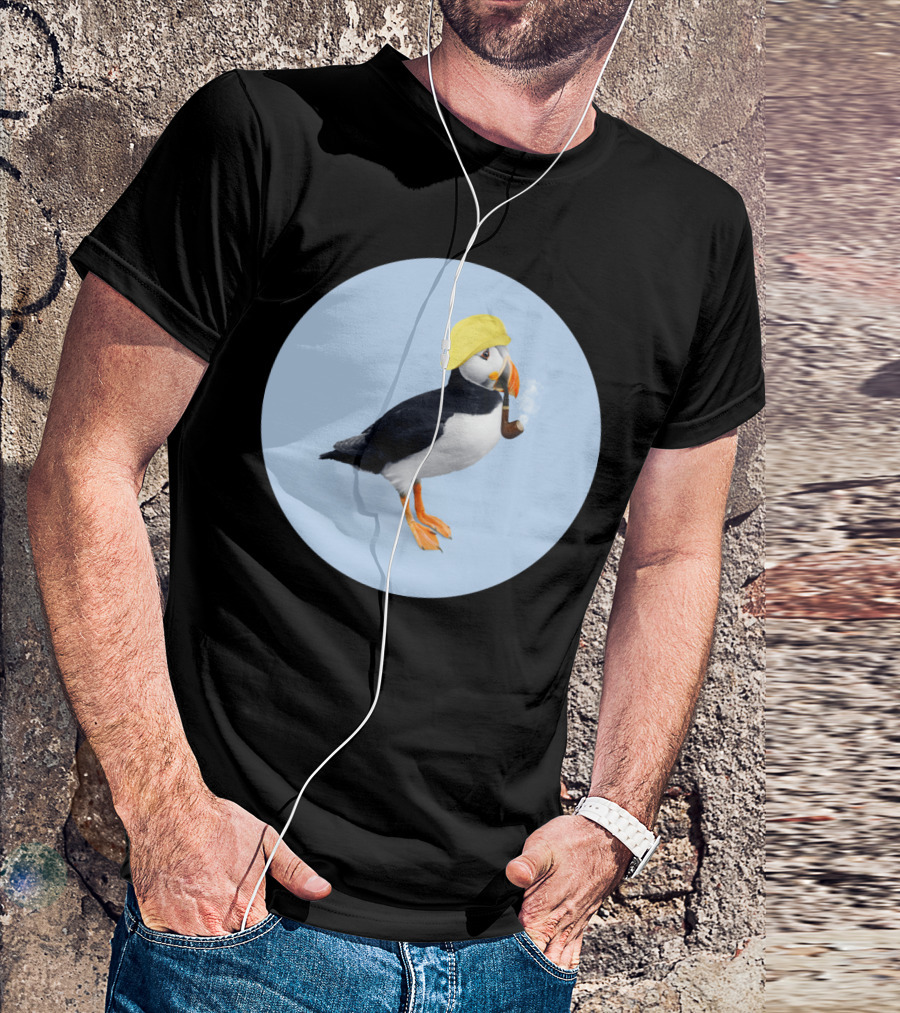 PUFFIN Smoking Pipe Wearing Yellow Fisherman Hat T-Shirt