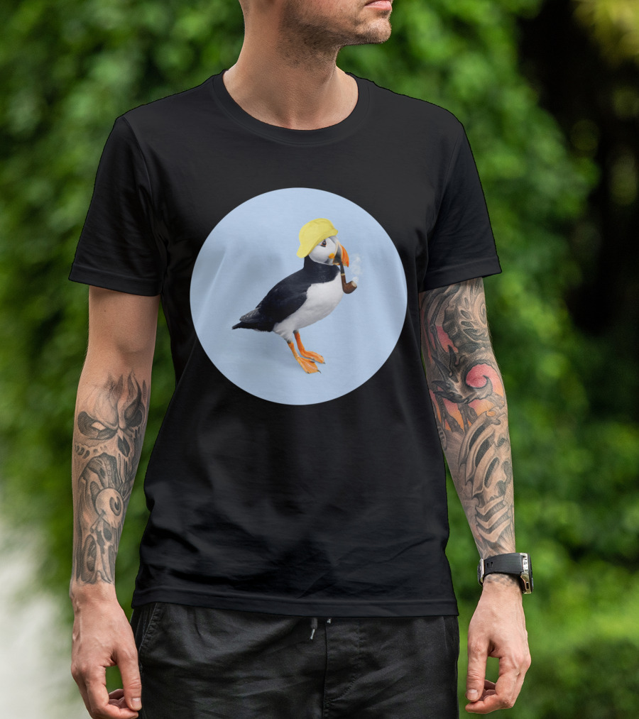 PUFFIN Smoking Pipe Wearing Yellow Fisherman Hat T-Shirt