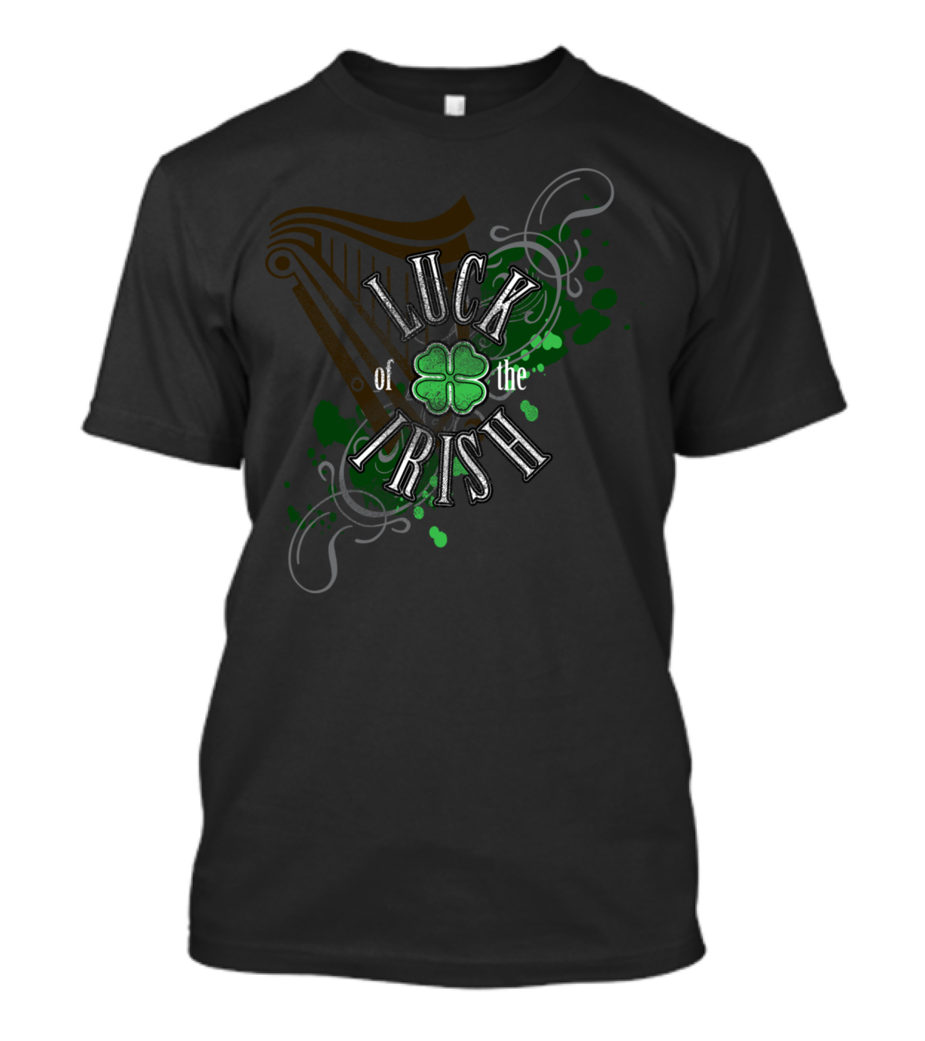Luck Of The Irish Clover With Celtic Swirls And Harp Shadow T-Shirt