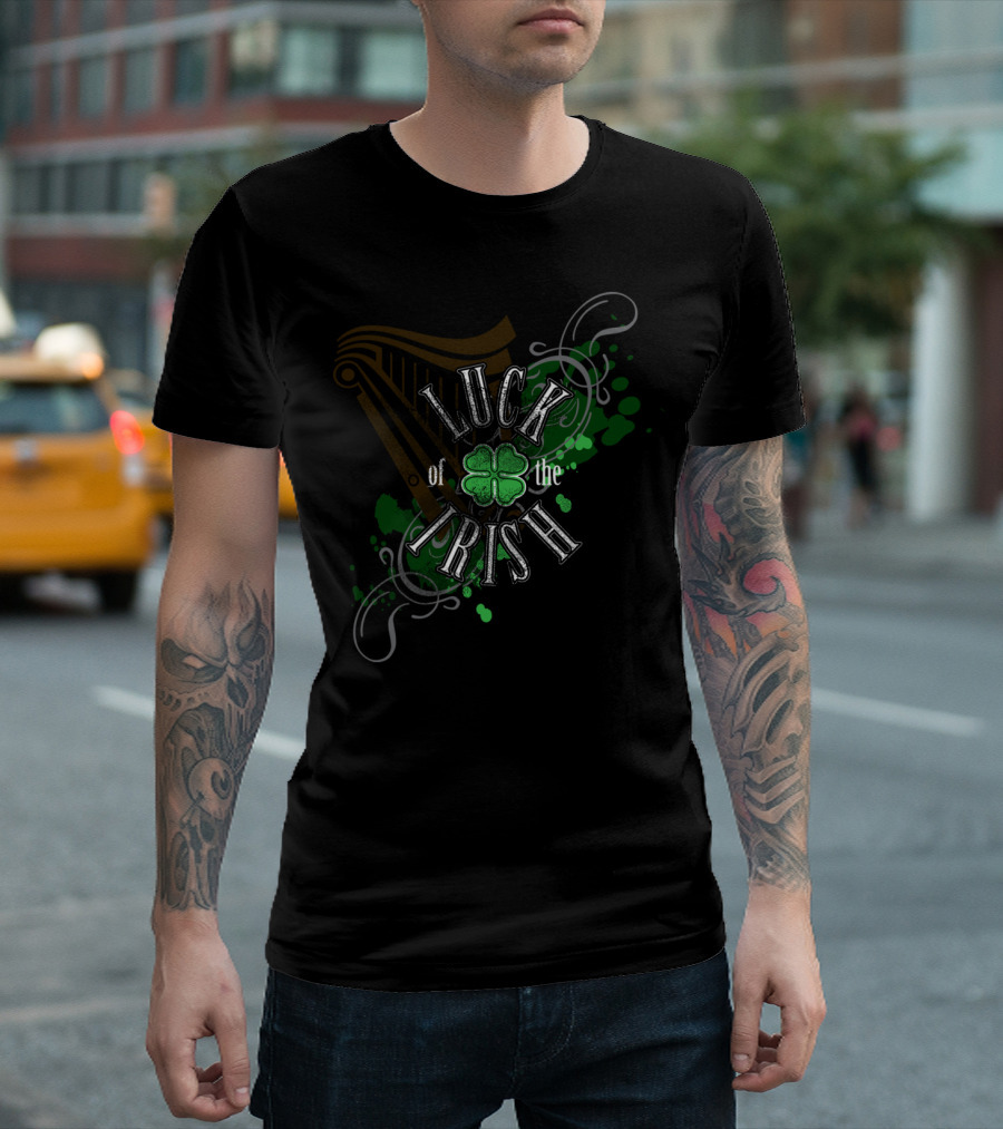Luck Of The Irish Clover With Celtic Swirls And Harp Shadow T-Shirt