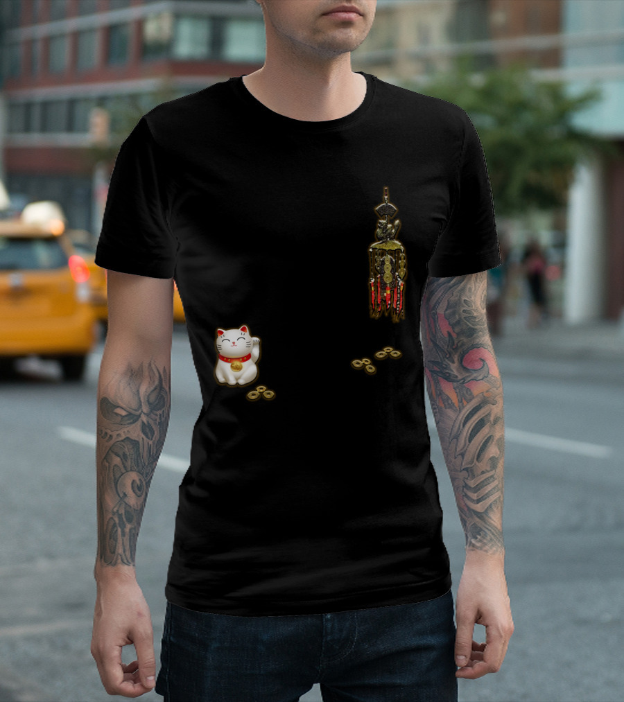 Lucky Cat With Coins And Hanging Charms T-Shirt
