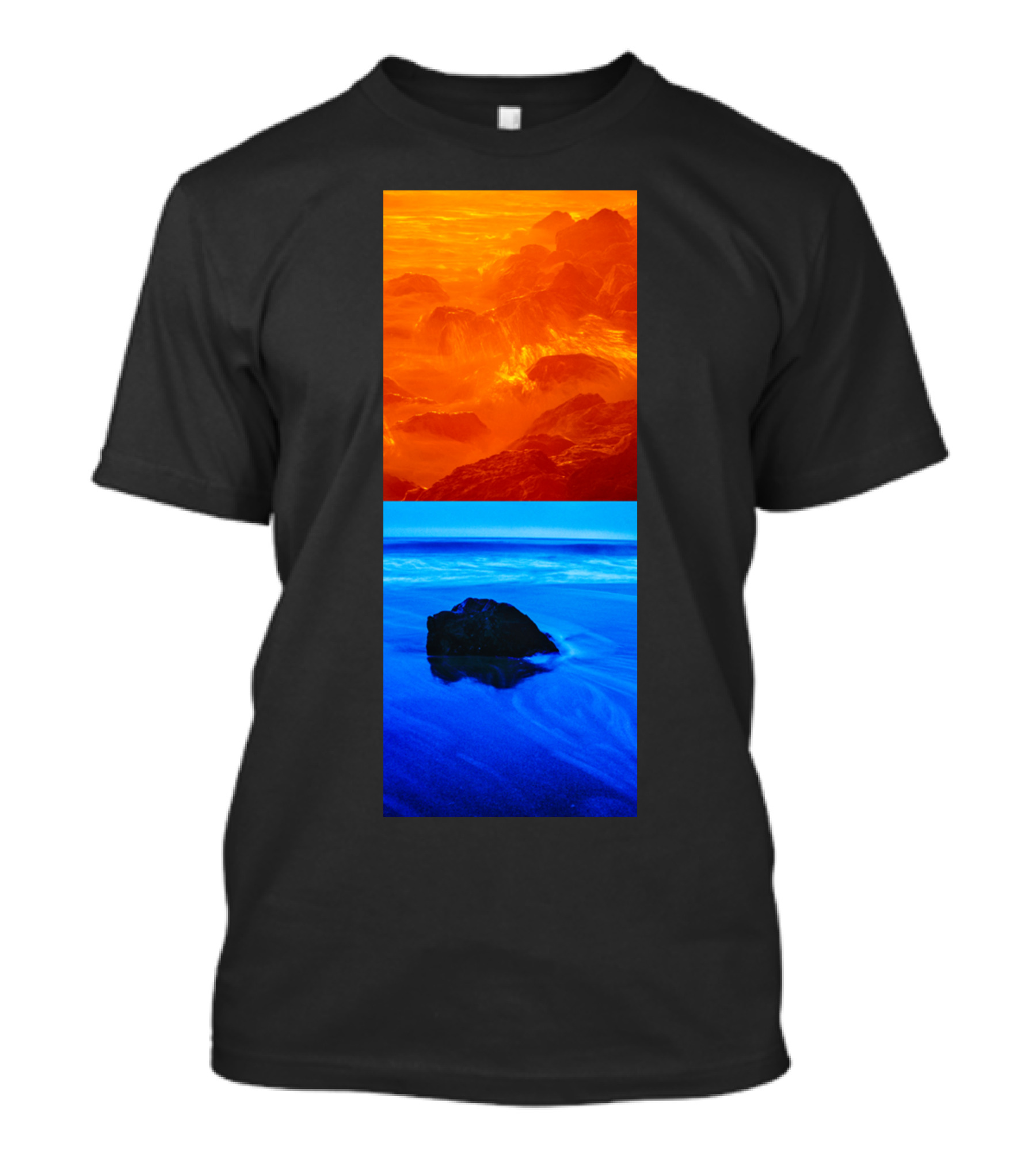 California Contrasts Fiery Mountains And Tranquil Ocean Blue T-Shirt