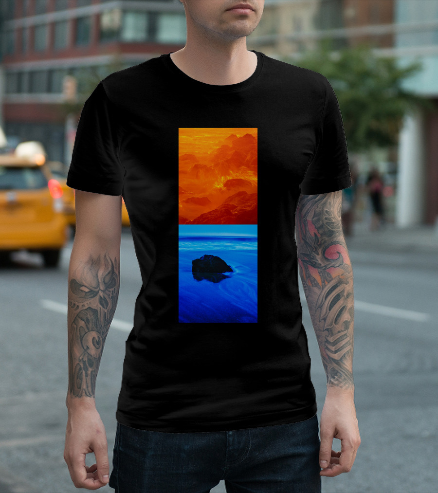 California Contrasts Fiery Mountains And Tranquil Ocean Blue T-Shirt