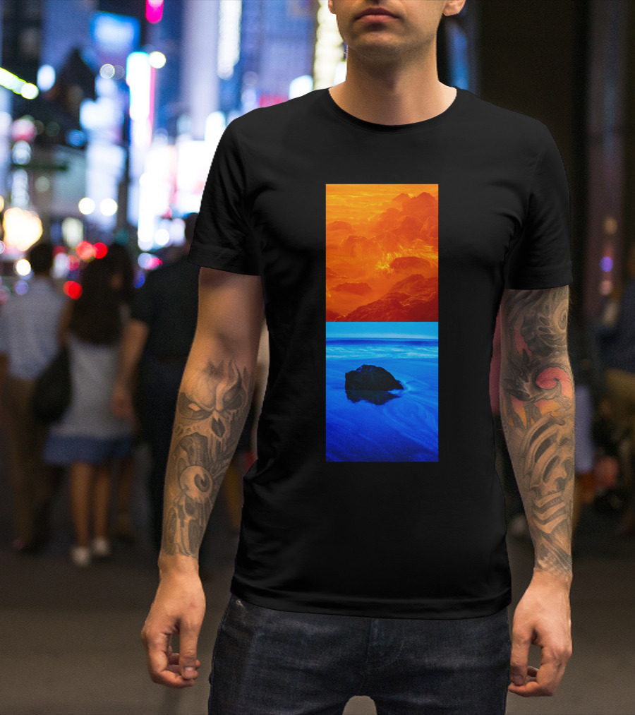 California Contrasts Fiery Mountains And Tranquil Ocean Blue T-Shirt