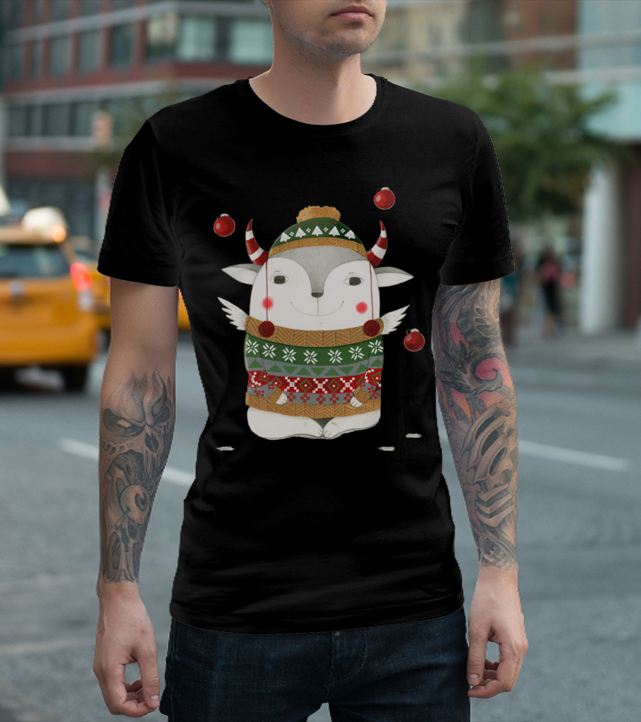 Merry X Mas Cute Winged Goat Festive Sweater Ornaments T-Shirt