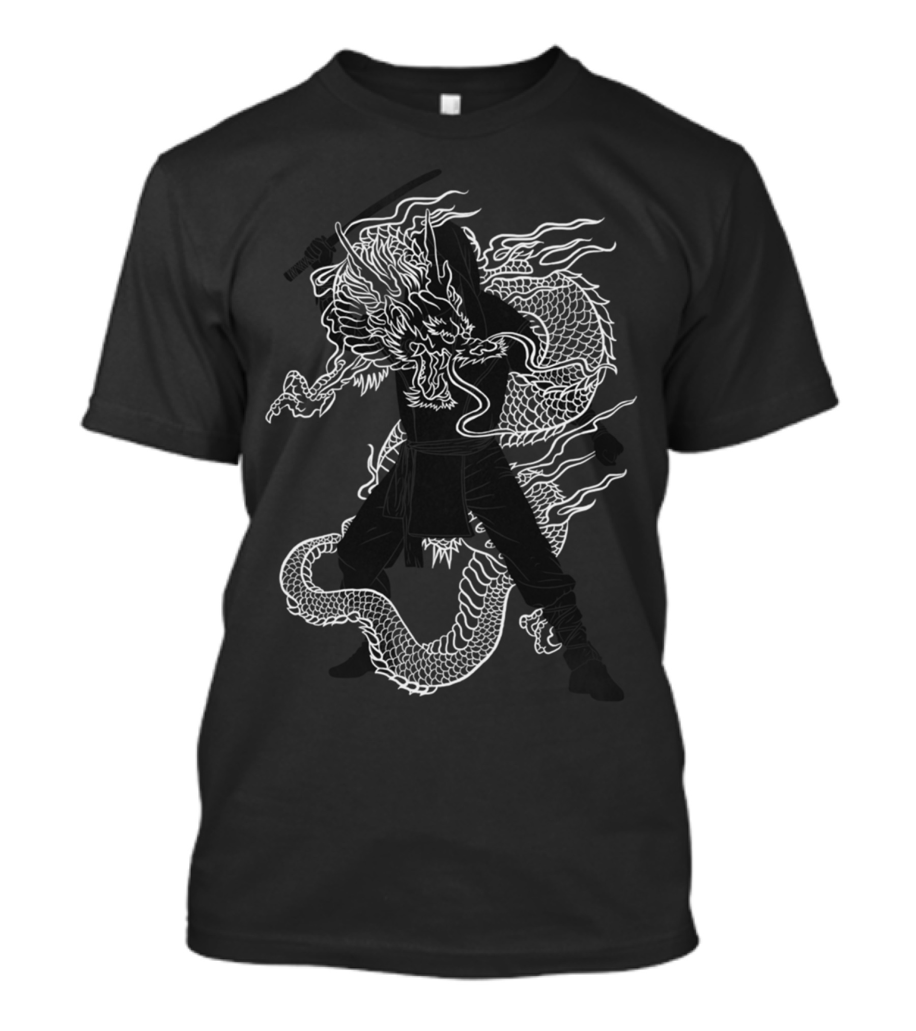 Dragon Ninja Warrior With Flaming Dragon Background T-Shirt