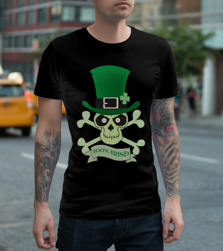 100% Irish Skull with Green Hat and Crossbones T-Shirt