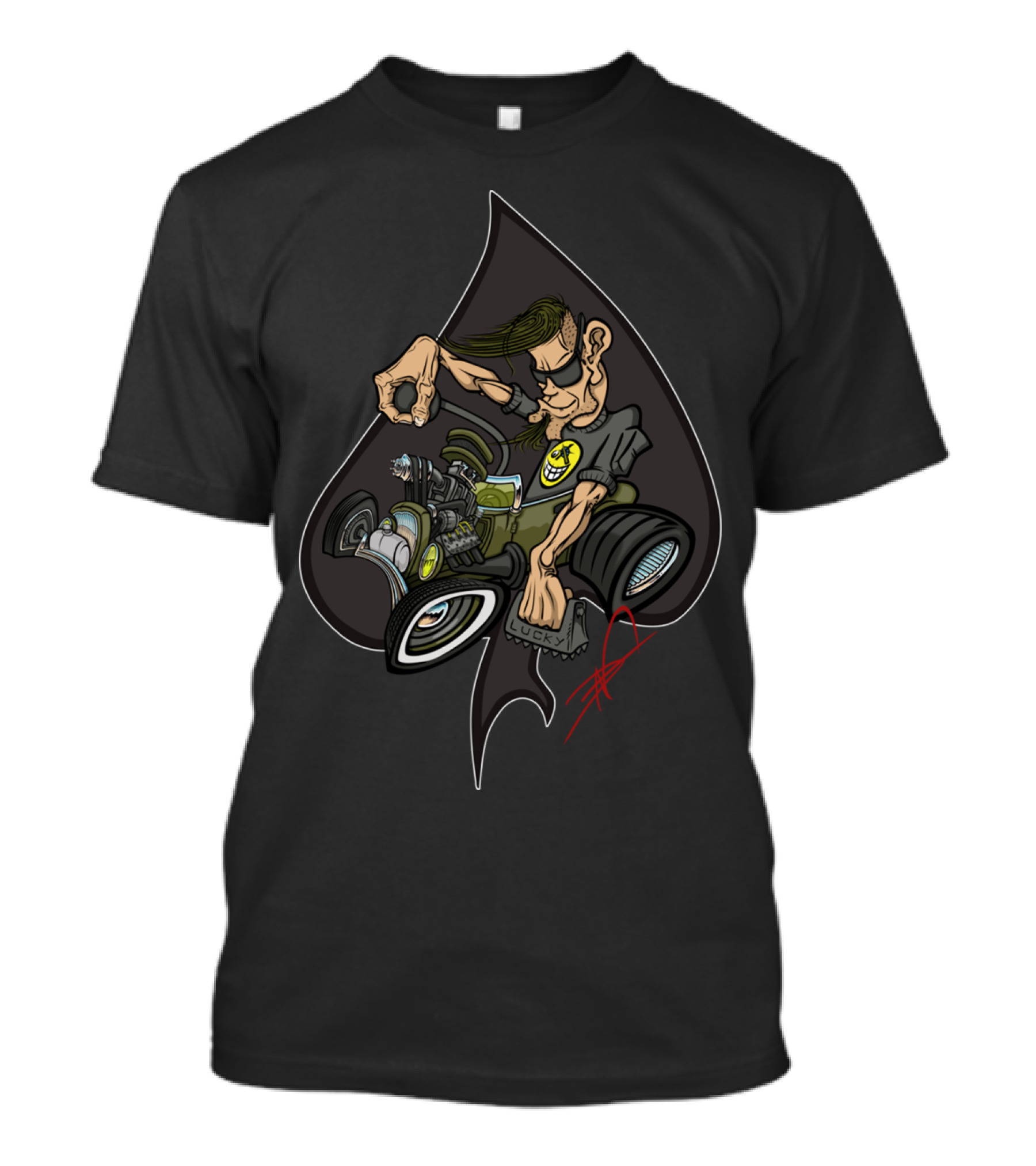 Lucky Seven Of Spades Cool Cartoon Biker Riding Inside Spade T-Shirt