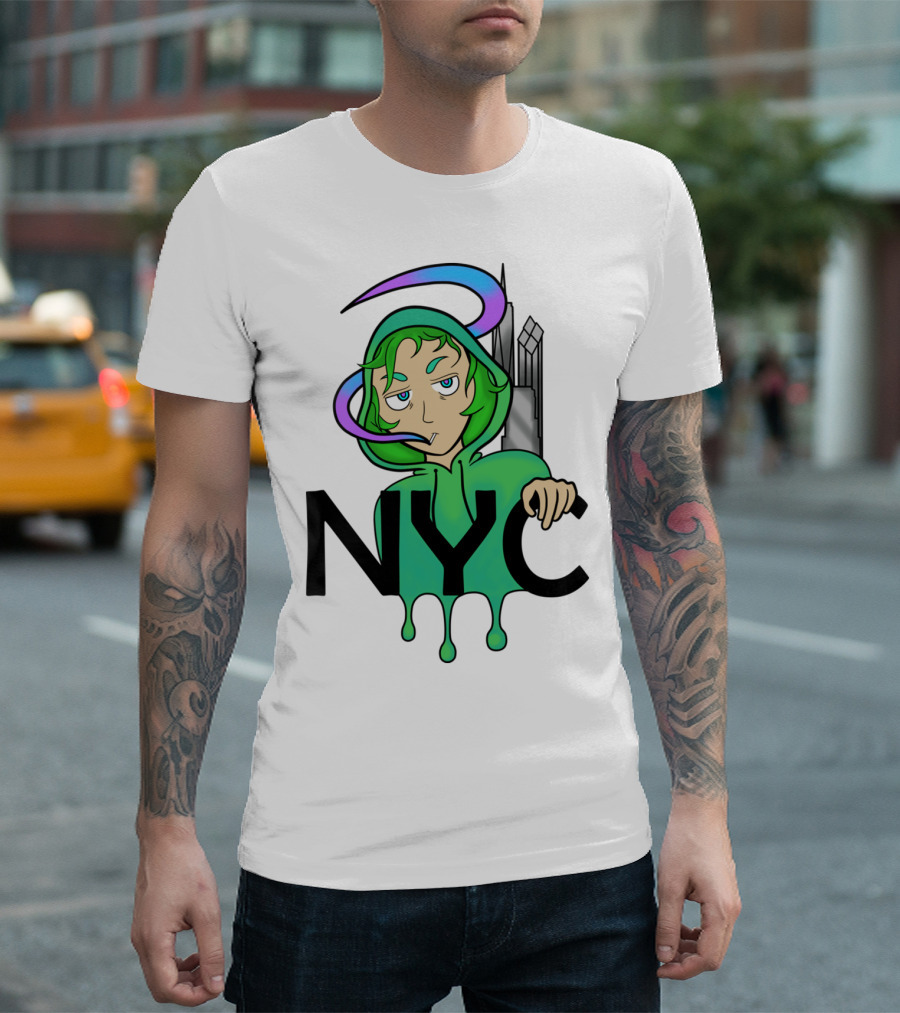 NYC Drip Green Hoodie Anime Style with City Skyline T-Shirt