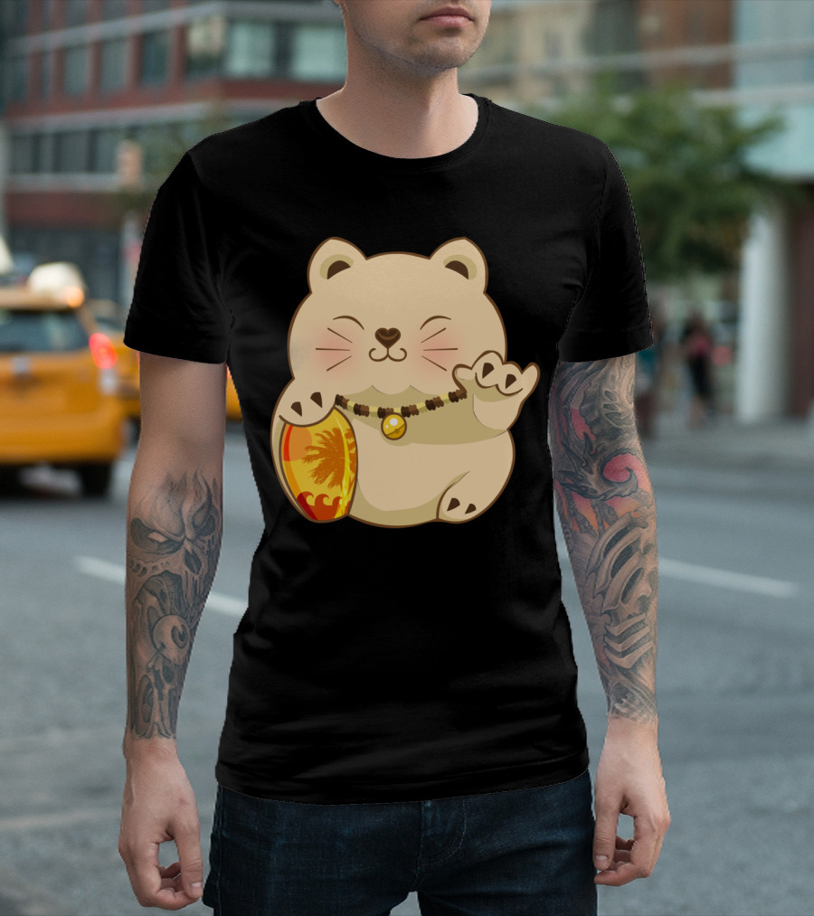 LUCKY SHAKA CHILLING CAT WITH SURFBOARD AND BEADED NECKLACE T-Shirt