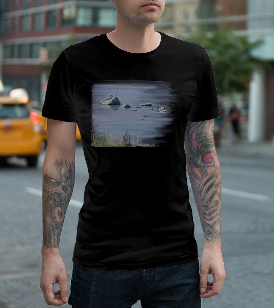Gull Siesta Tranquil Water Scene with Birds on Rocks T-Shirt