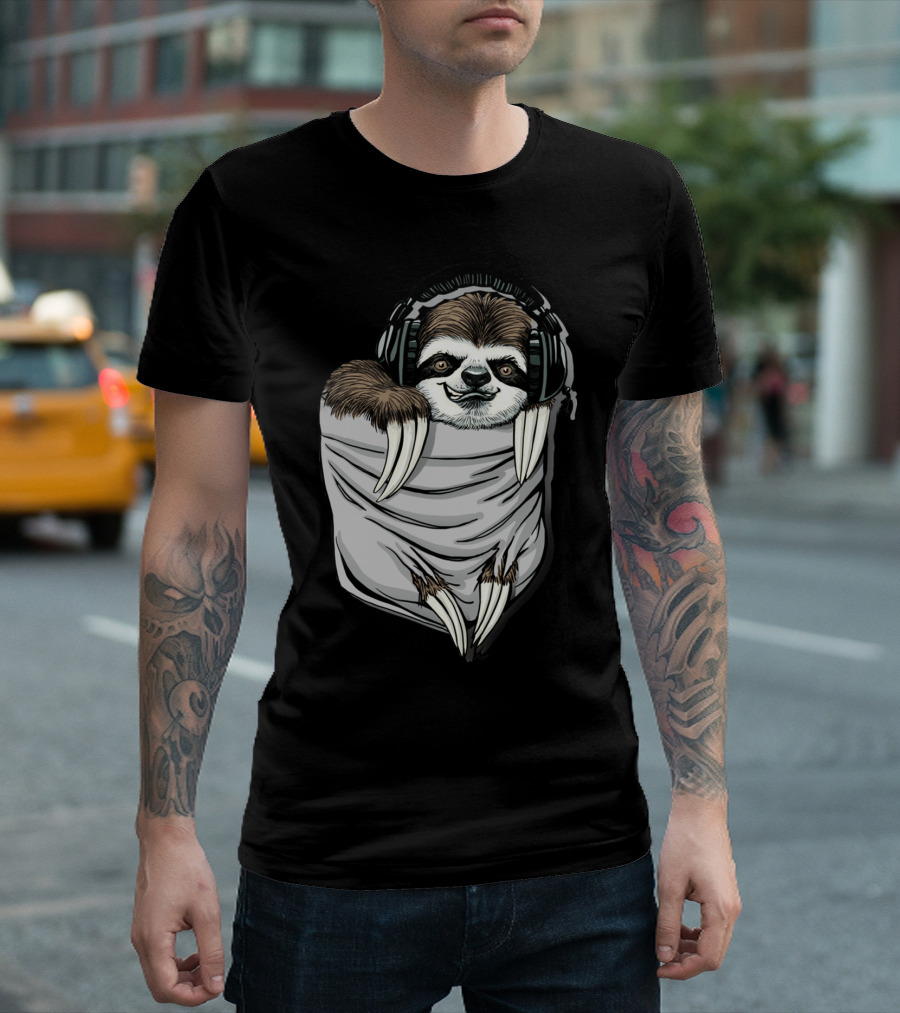 Sloth In My Pocket Listening with Headphones T-Shirt