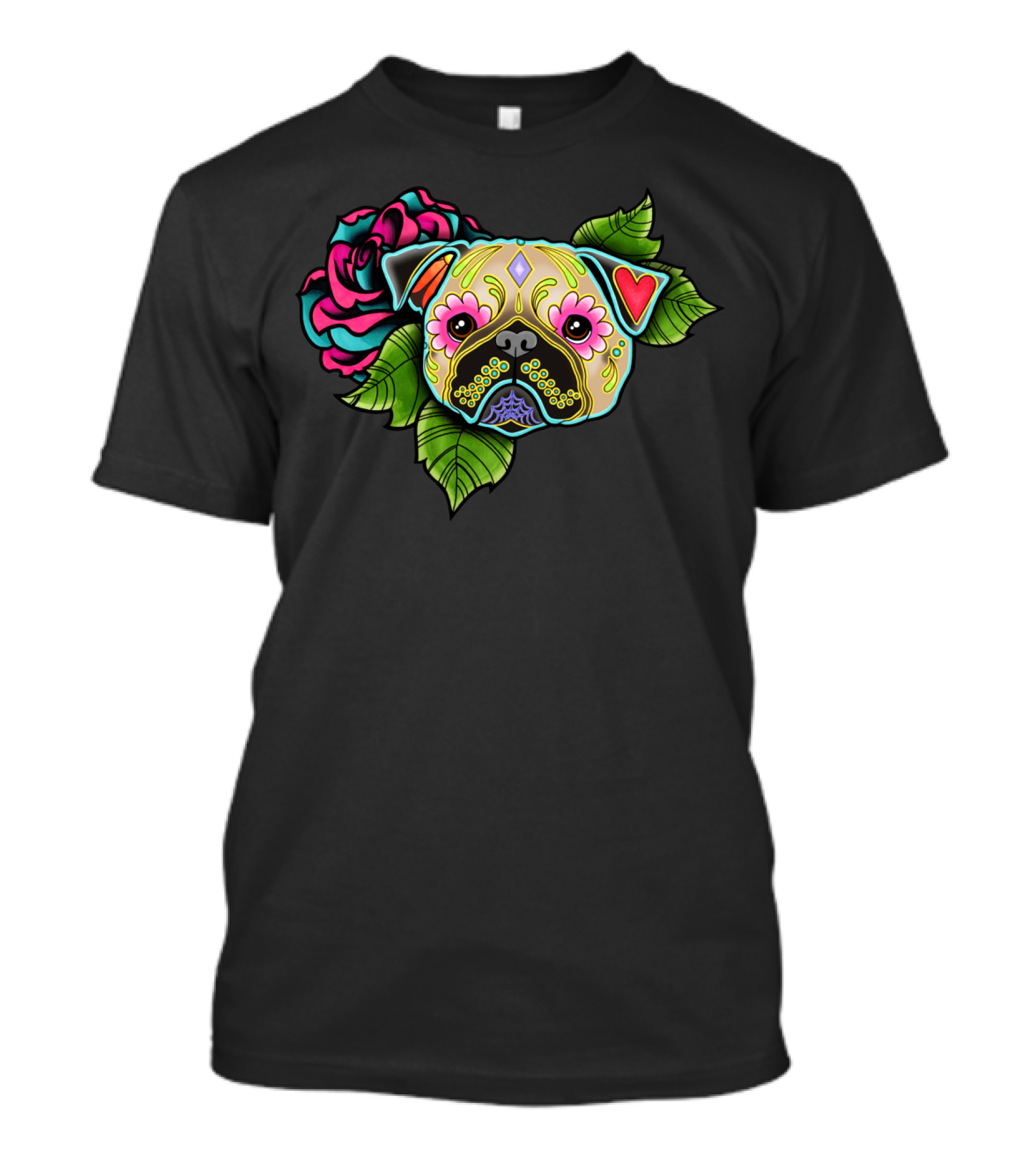 Pug Fawn Day Of The Dead Sugar Skull With Rose And Leaves T-Shirt
