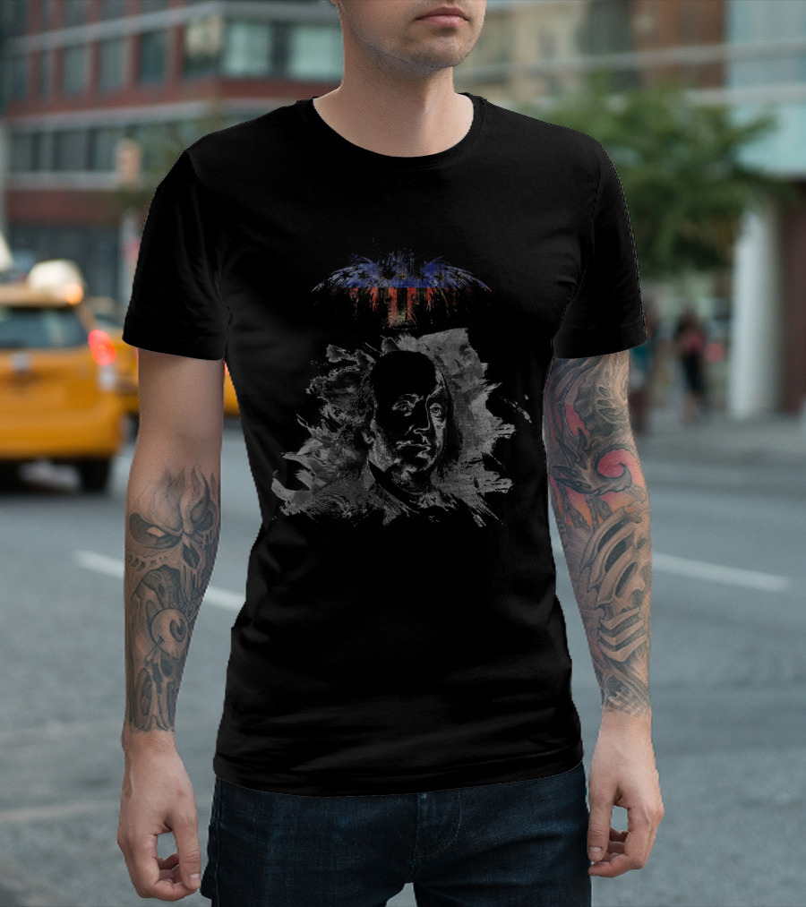 Benjamin Franklin Patriotic Icon with American Flag Eagle Motif T-Shirt