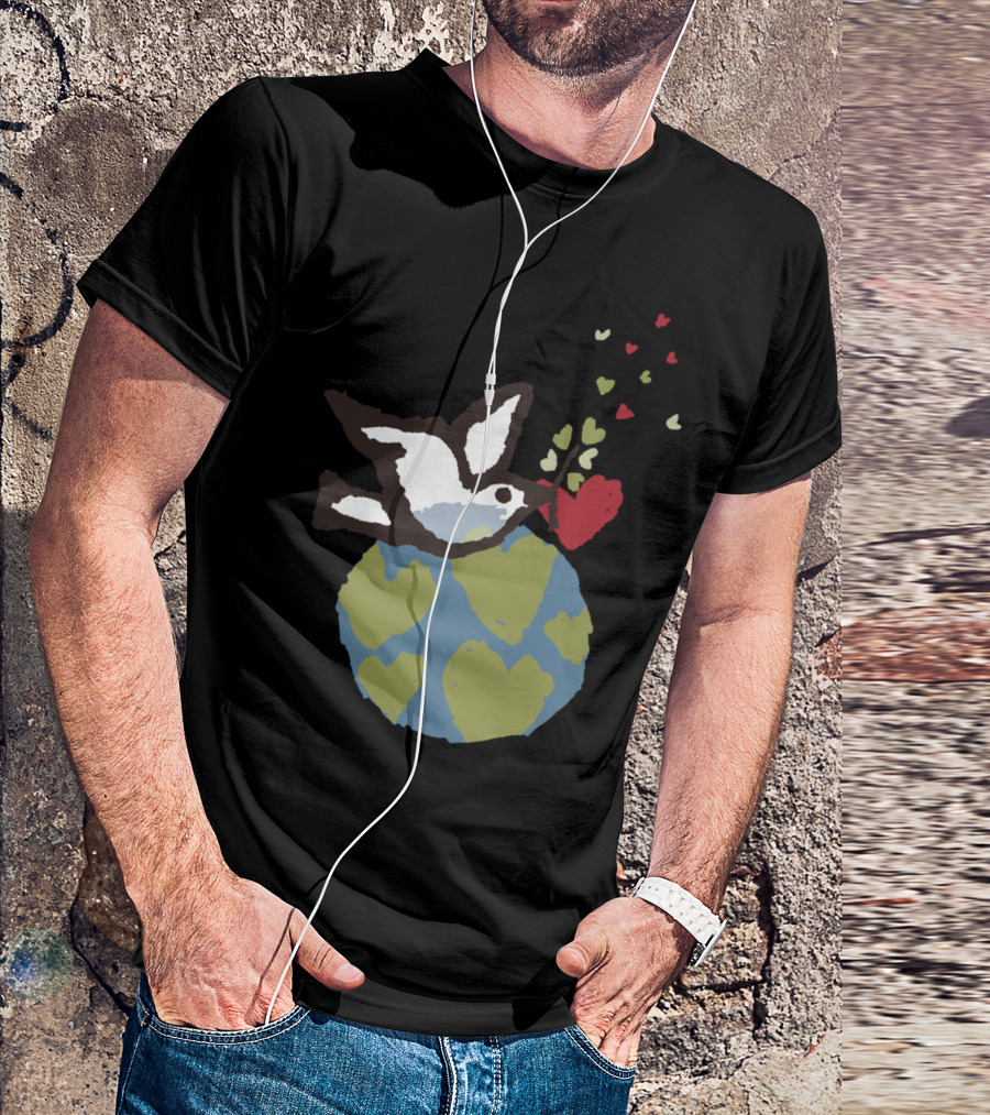 MY WORLD PEACE DOVE WITH HEARTS AROUND THE EARTH T-Shirt