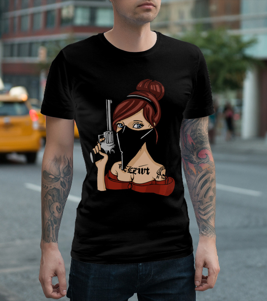 Gunslinger Tattooed Rebel Holding Silver Revolver T-Shirt