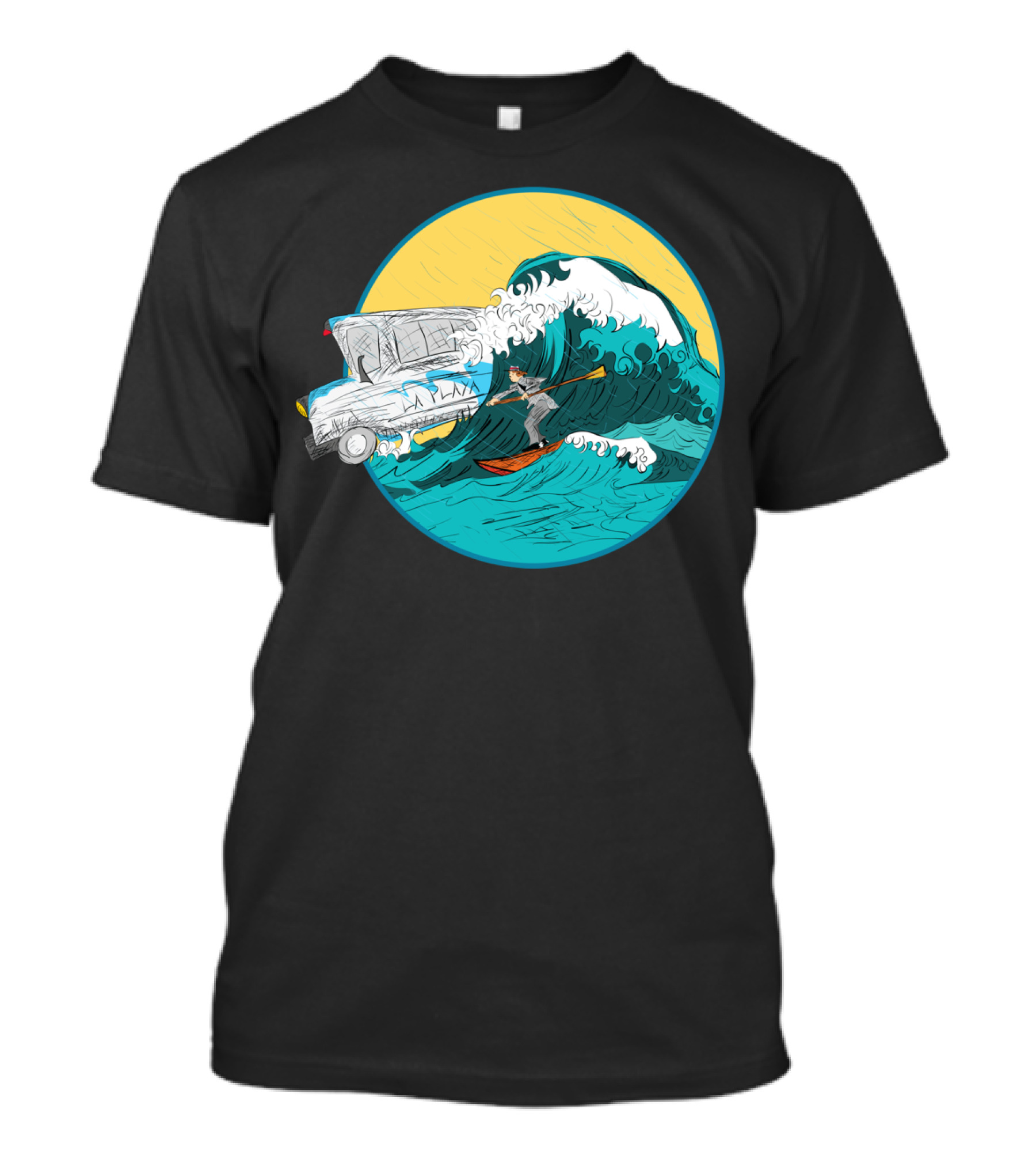 Pedestrian Surfer Navigating Waves With Station Wagon Surfboard Adventure T-Shirt