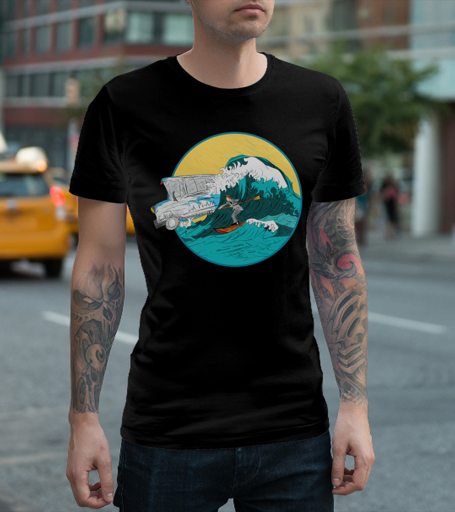 Pedestrian Surfer Navigating Waves With Station Wagon Surfboard Adventure T-Shirt