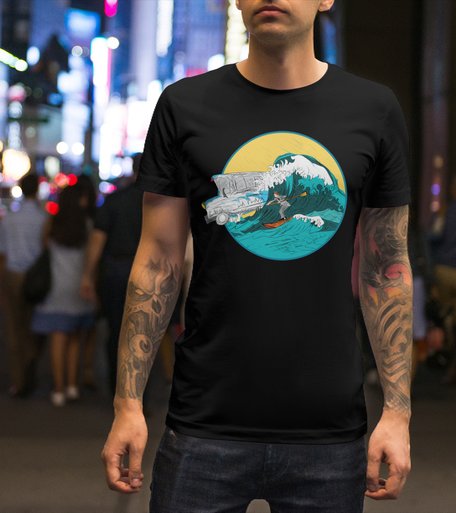 Pedestrian Surfer Navigating Waves With Station Wagon Surfboard Adventure T-Shirt