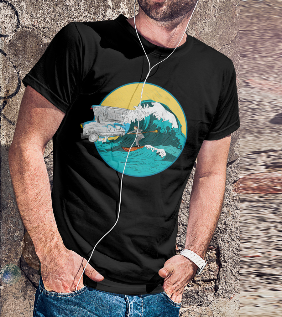 Pedestrian Surfer Navigating Waves With Station Wagon Surfboard Adventure T-Shirt