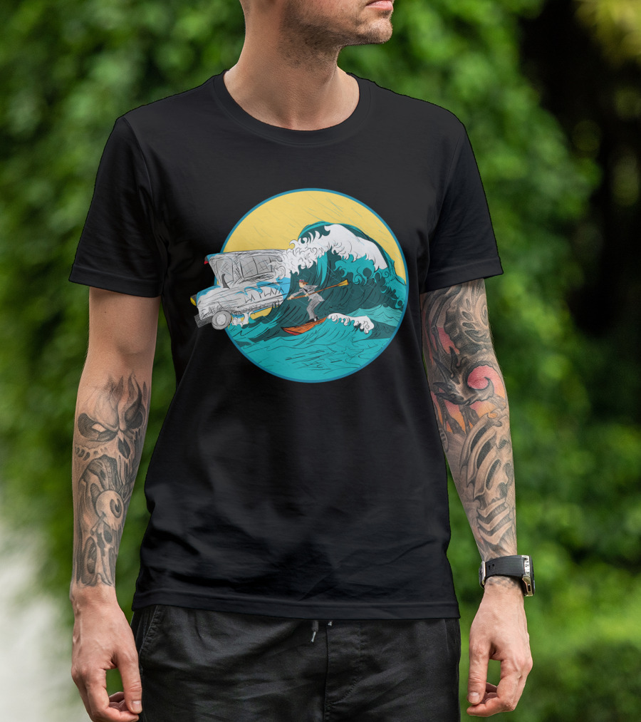 Pedestrian Surfer Navigating Waves With Station Wagon Surfboard Adventure T-Shirt