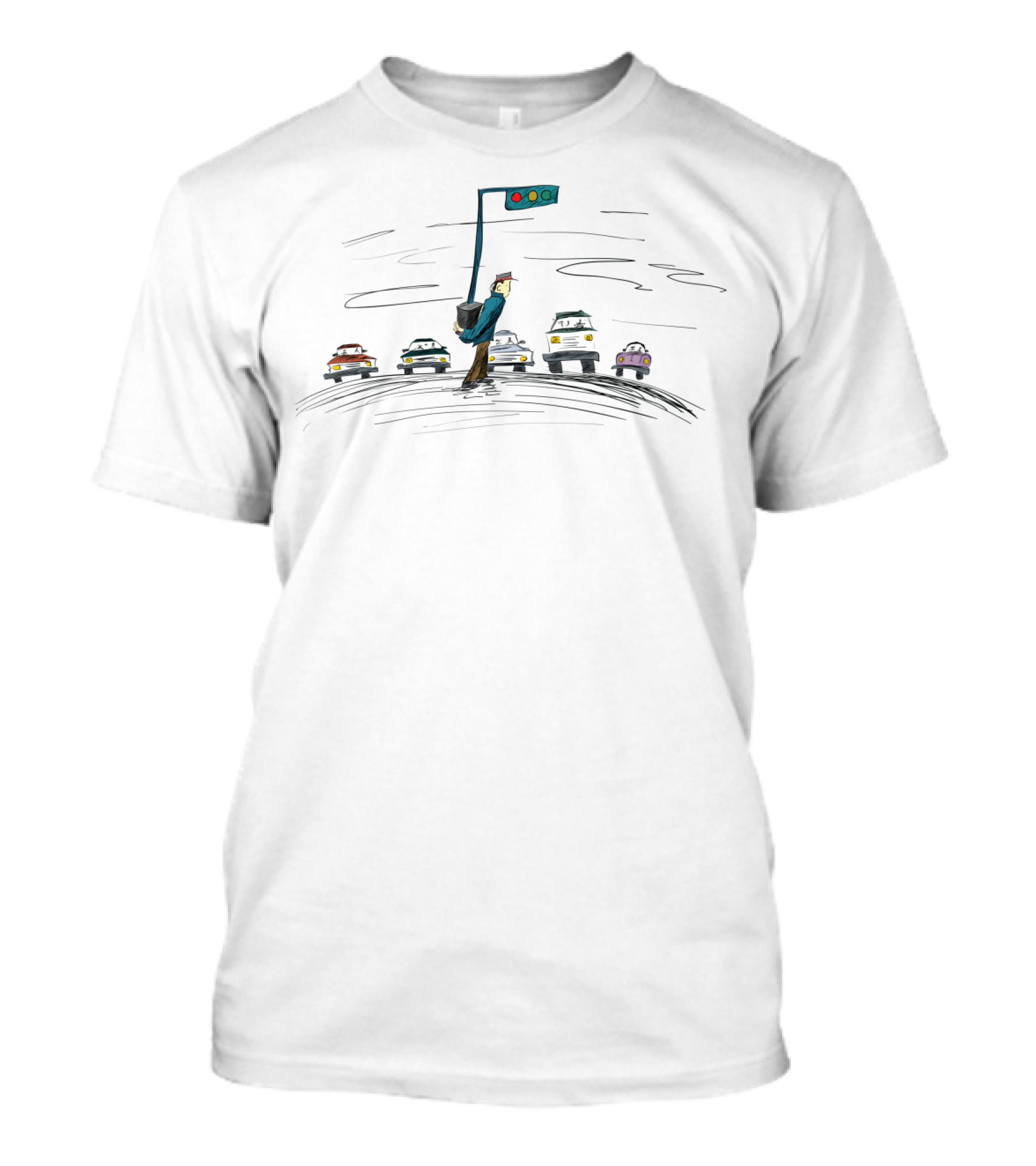 Pedestrian Carrying Traffic Light With Cars Behind T-Shirt