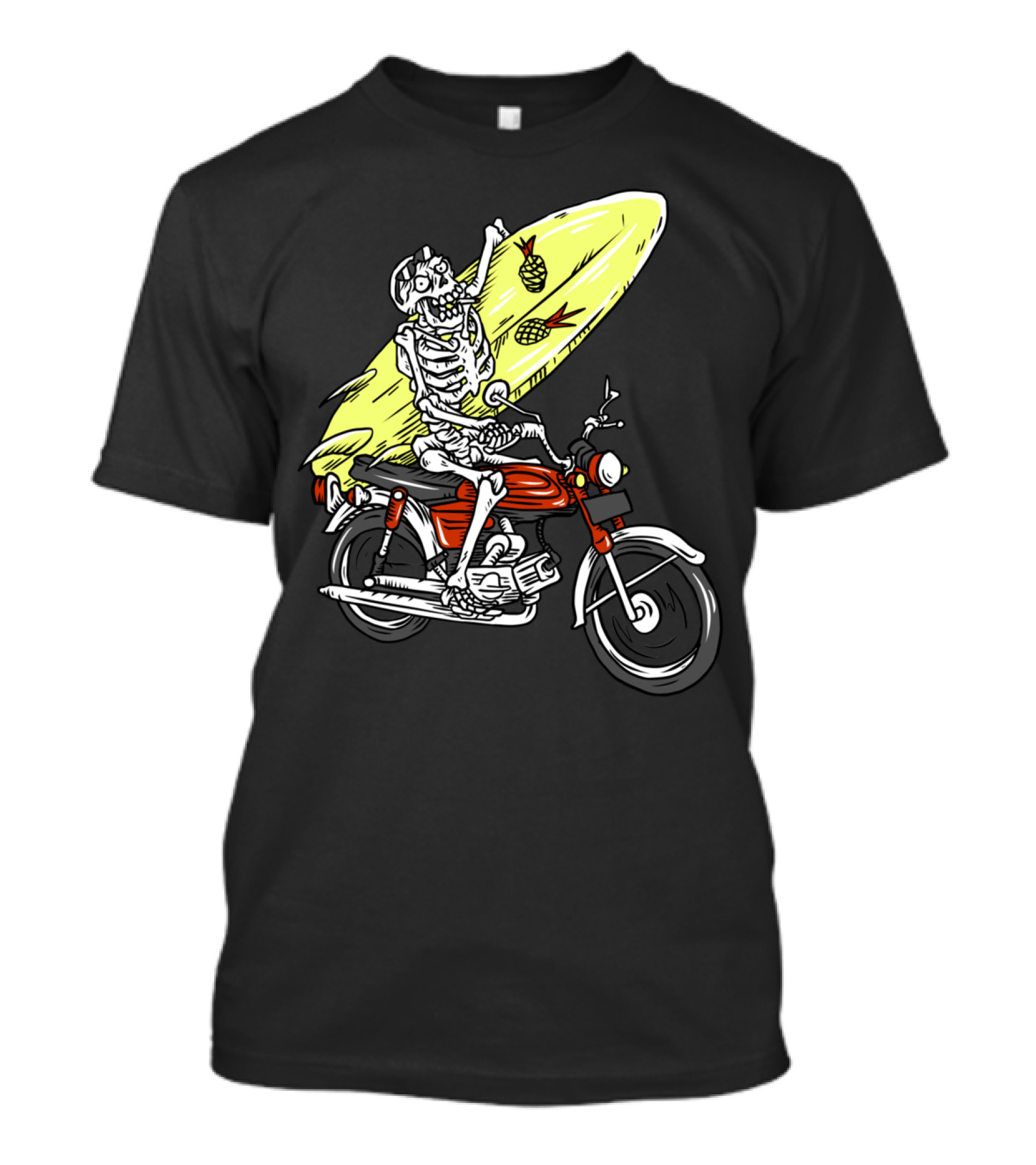 Roadsurf Skeleton Riding Motorcycle With Pineapple Surfboard T-Shirt