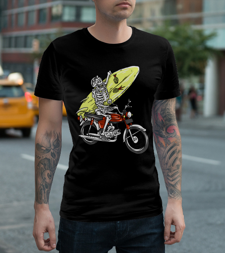 Roadsurf Skeleton Riding Motorcycle With Pineapple Surfboard T-Shirt