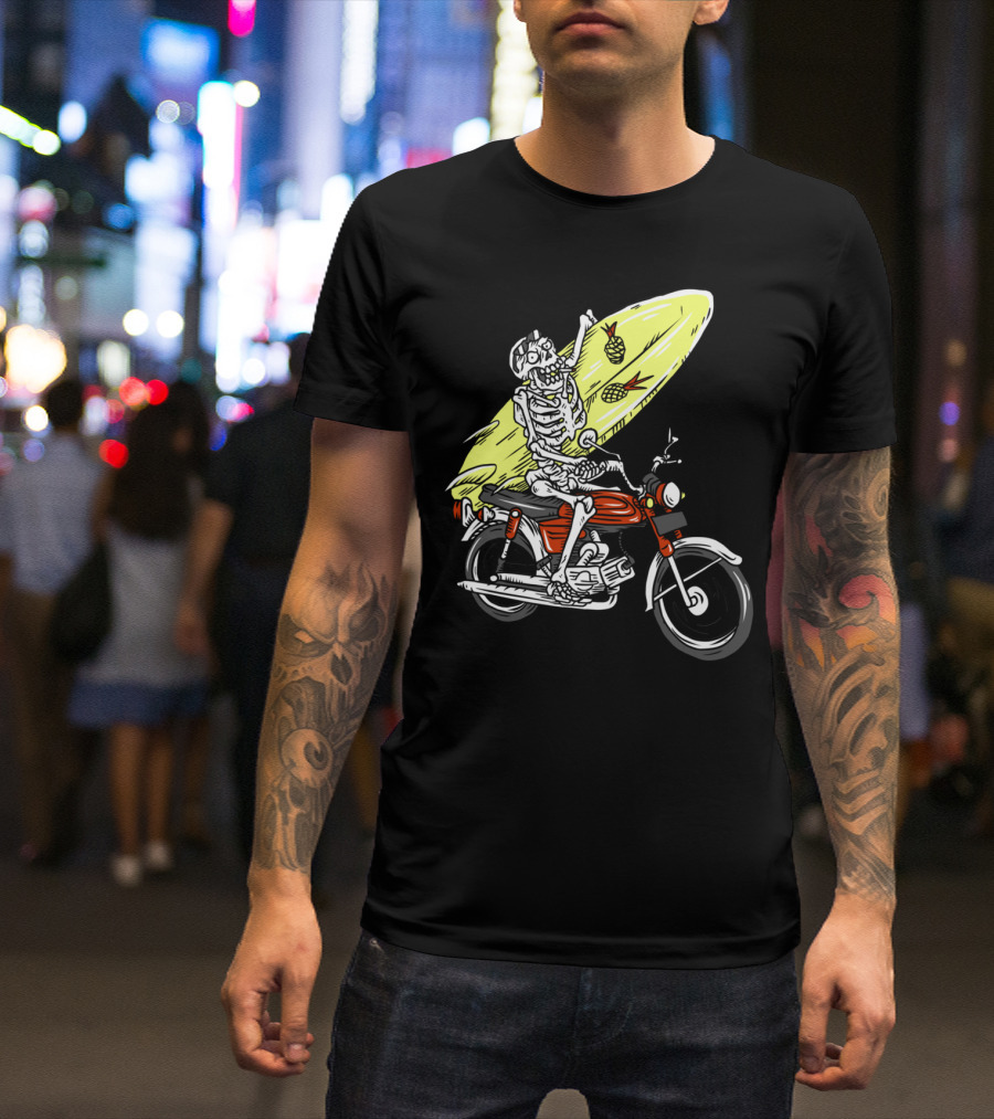 Roadsurf Skeleton Riding Motorcycle With Pineapple Surfboard T-Shirt