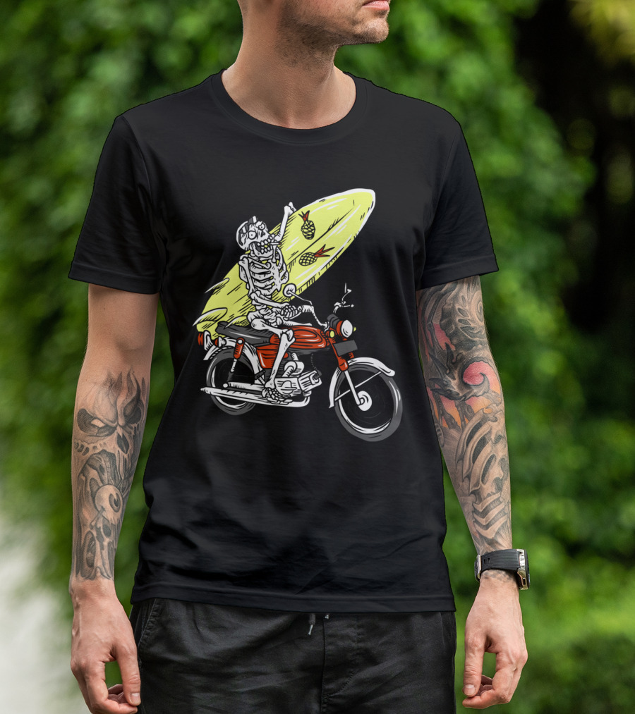 Roadsurf Skeleton Riding Motorcycle With Pineapple Surfboard T-Shirt