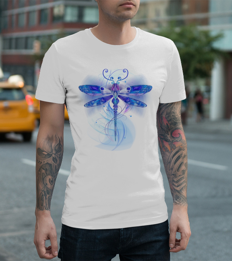 Dragonfly Fantasy Neon Blue Swirl Magic T-Shirt