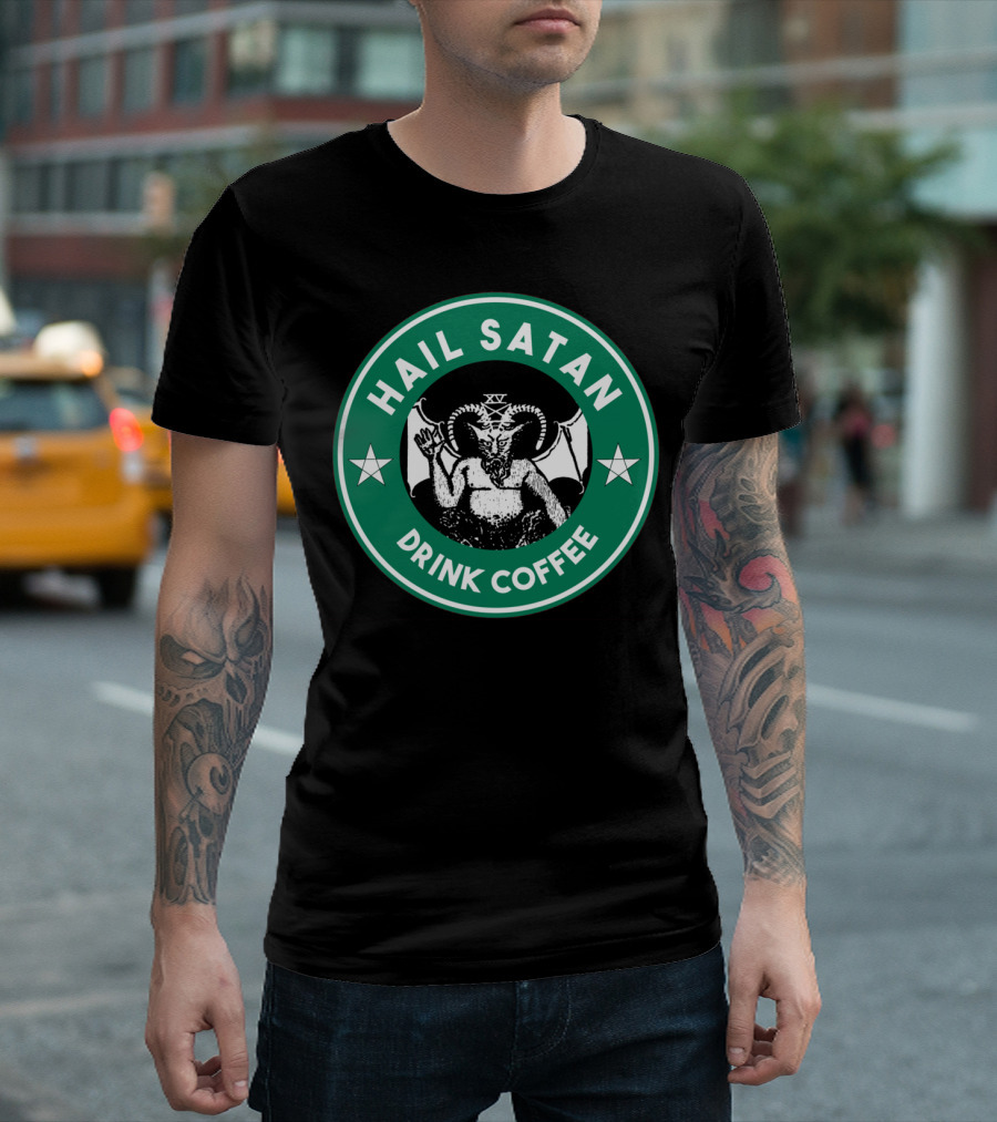 Hail Satan Drink Coffee Baphomet Pentagram Circle T-Shirt