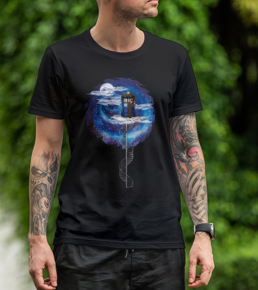 Doctor Who TARDIS Spiral Staircase In Starry Night Scene T-Shirt