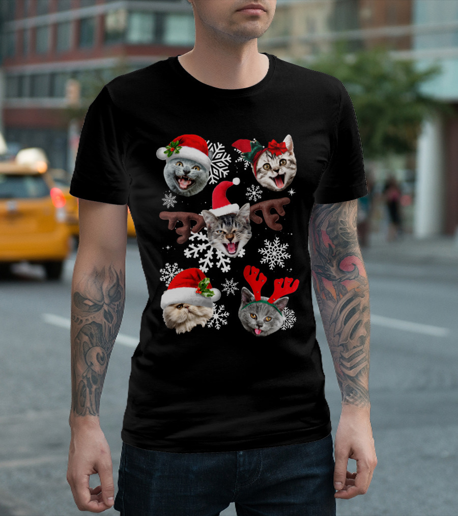 Catflakes Snowflakes Christmas Cats Santa Hats Antlers T-Shirt