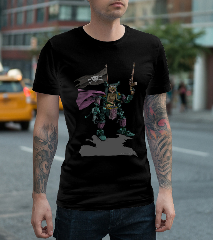 CatMech Bria Pirate Robot Cat with Crossbones Flag and Pistol T-Shirt