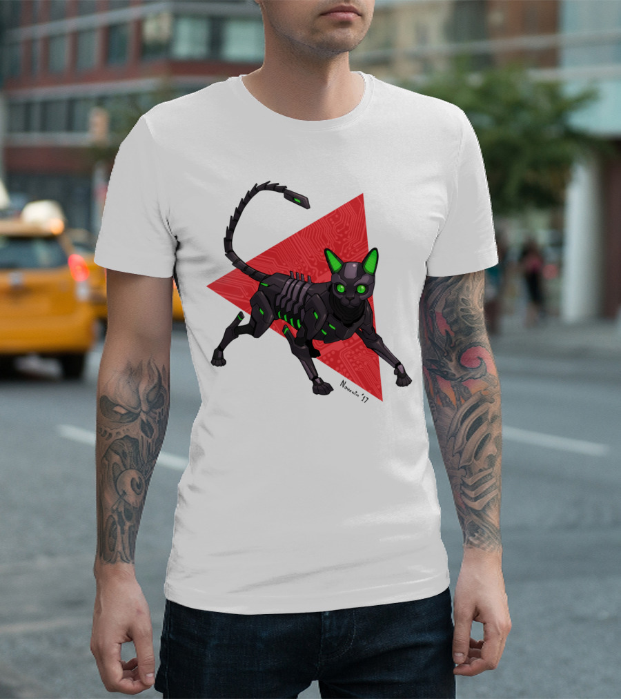 Robo Cat Devon Rex Cybernetic Feline with Circuit Background T-Shirt