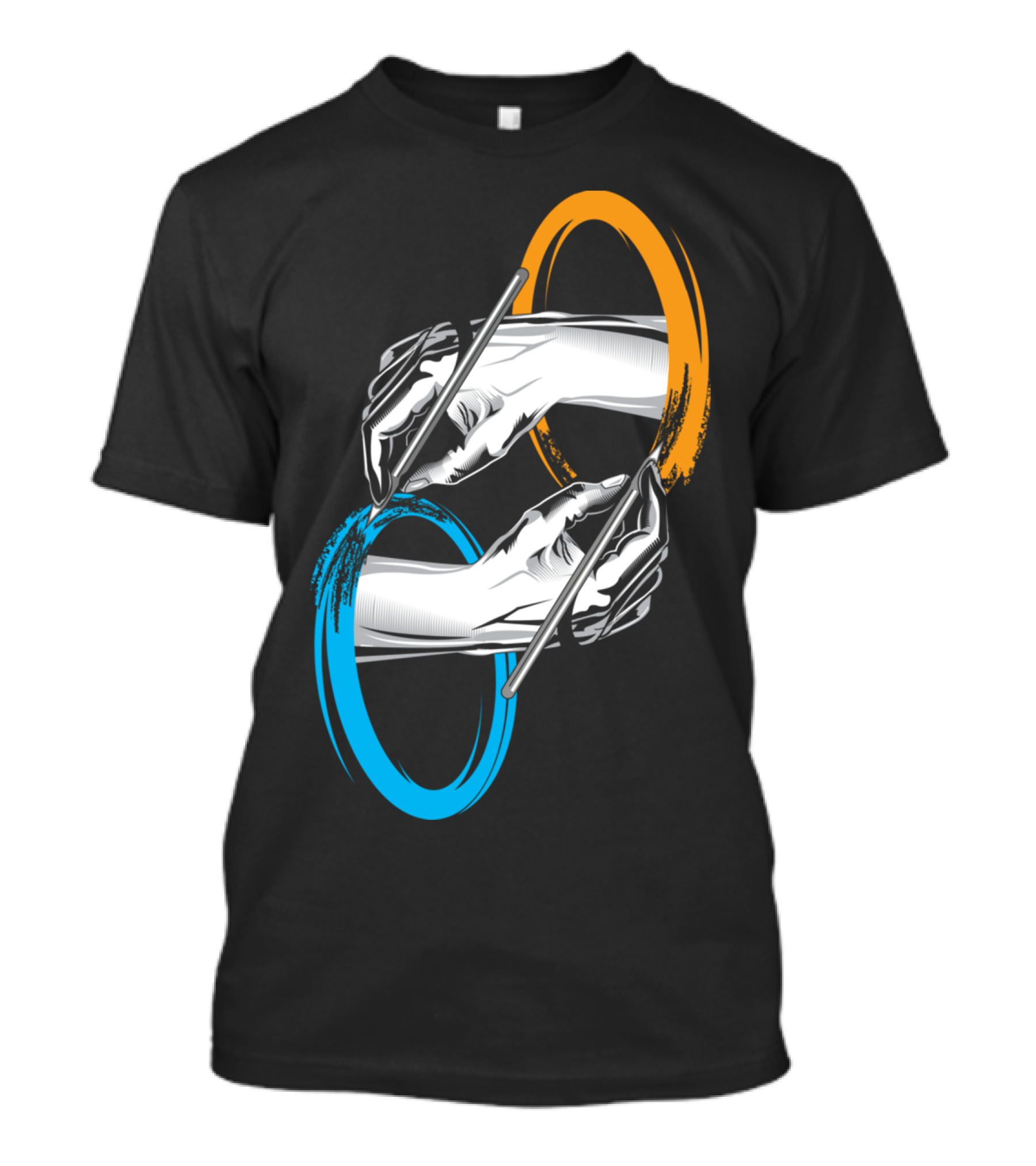 Drawing Hands Through Blue And Orange Portals T-Shirt