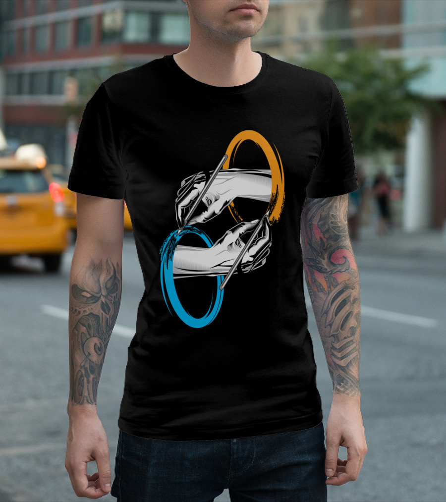 Drawing Hands Through Blue and Orange Portals T-Shirt