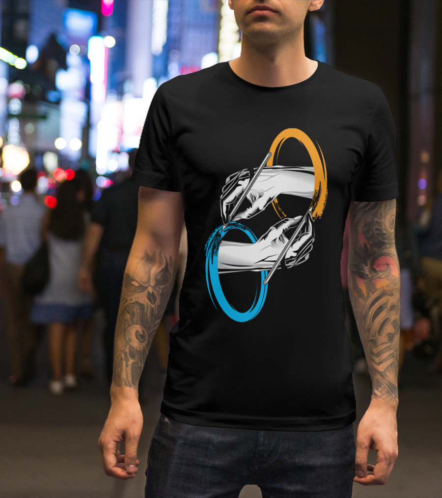Drawing Hands Through Blue And Orange Portals T-Shirt