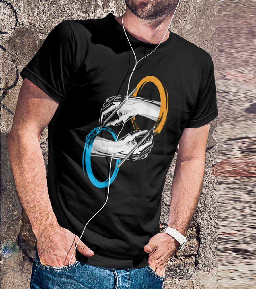 Drawing Hands Through Blue And Orange Portals T-Shirt