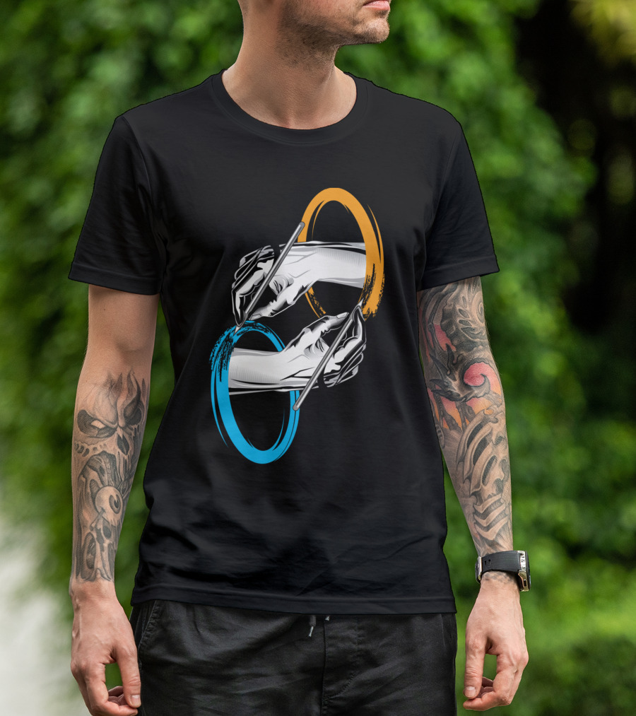 Drawing Hands Through Blue And Orange Portals T-Shirt