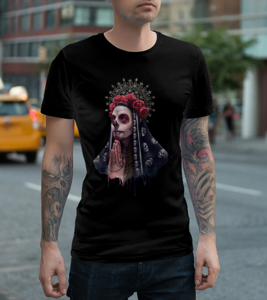 Catrina Skull Face with Roses and Sacred Prayer Veil T-Shirt