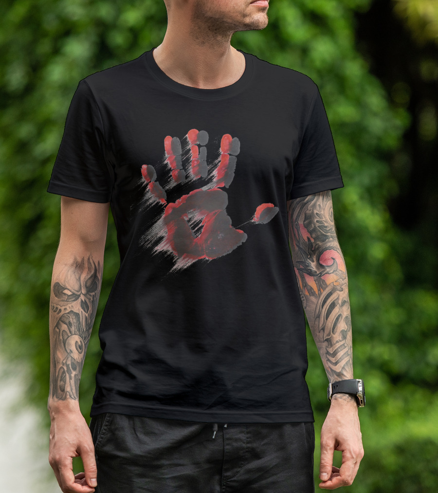 Smeared Ink Handprint In Red And Black Brush Strokes T-Shirt