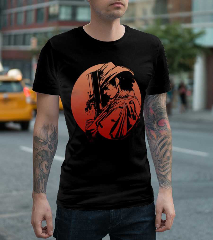 The Dark Ultimate Anime Cowboy with Gun and Red Circle Background T-Shirt